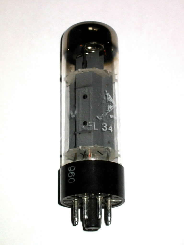 Telefunken EL34 bakkelite base double ring getter - stapled plate - heat sinks plate wings made in Germany in Ulm or Berlin 6CA7