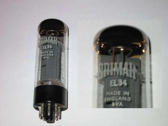 Mullard Philips EL34 6CA7 with dark brown base Blackburn xf2 code single ring getter welded plates